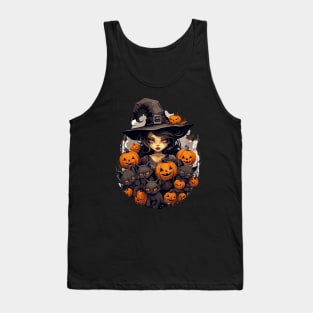 Cute Halloween Witch with Black Cats and Pumpkins Tank Top